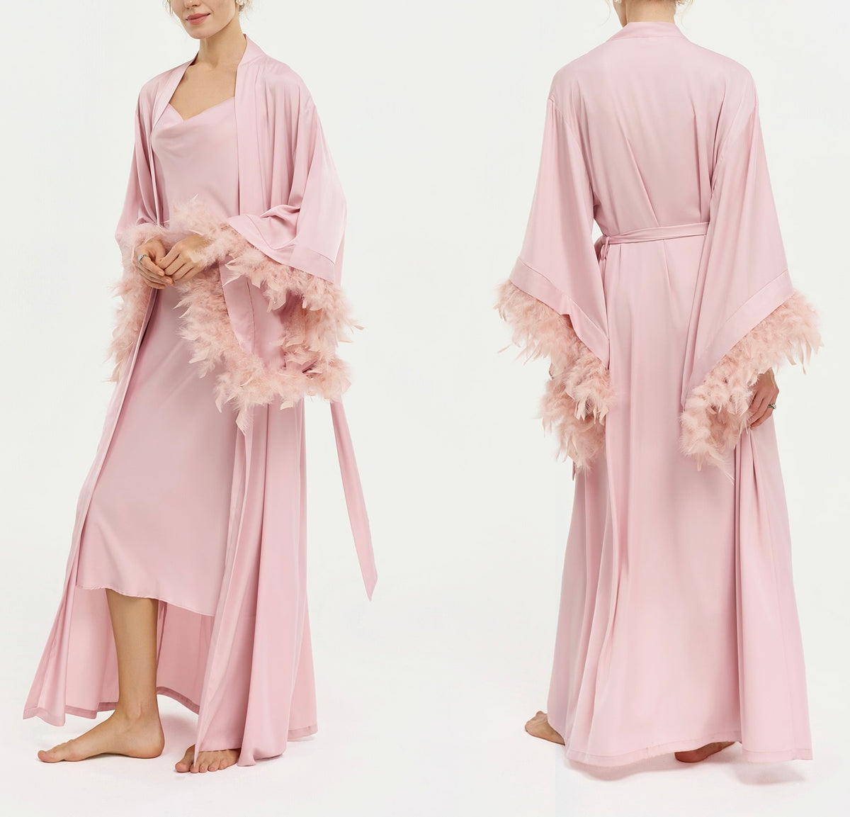 Luxury Satin Feather Sleeve Long Nightgown And Slip Skirt Set
