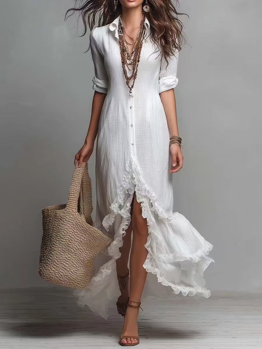 French Boho Cotton-Linen Shirt Dress With Ruffle High-Low Hem