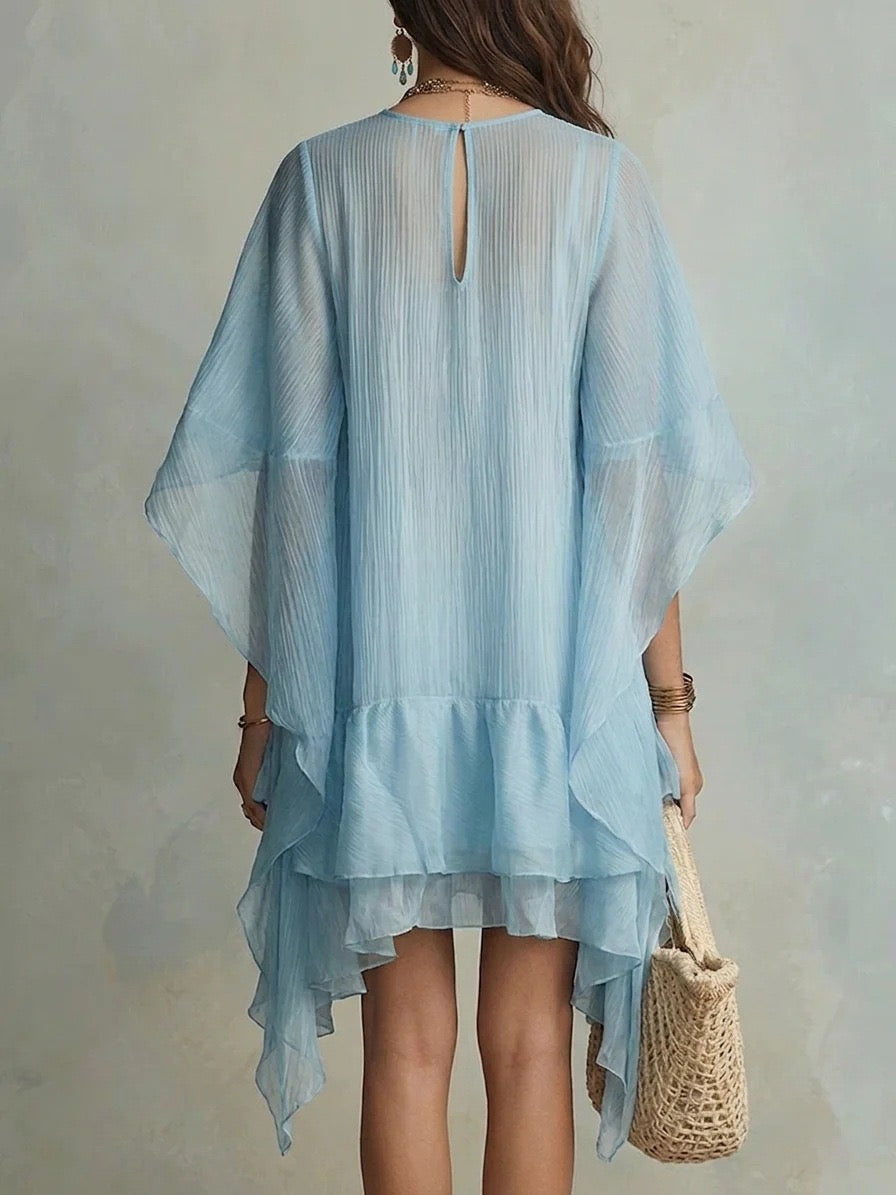 Sky Blue Pleated Chiffon Cape Sleeve Ruffle Mini Dress