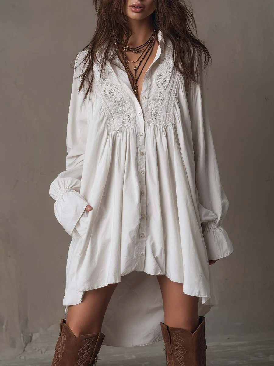 Bohemian White Lace Insert Long Sleeve Button-Down Shirt Dress