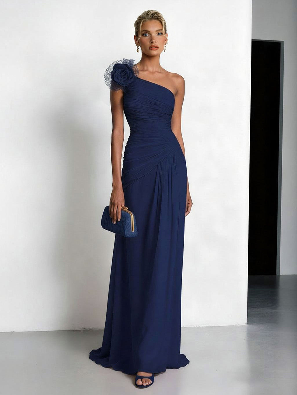 Elegant One-shoulder Ruffled Chiffon Maxi Dress