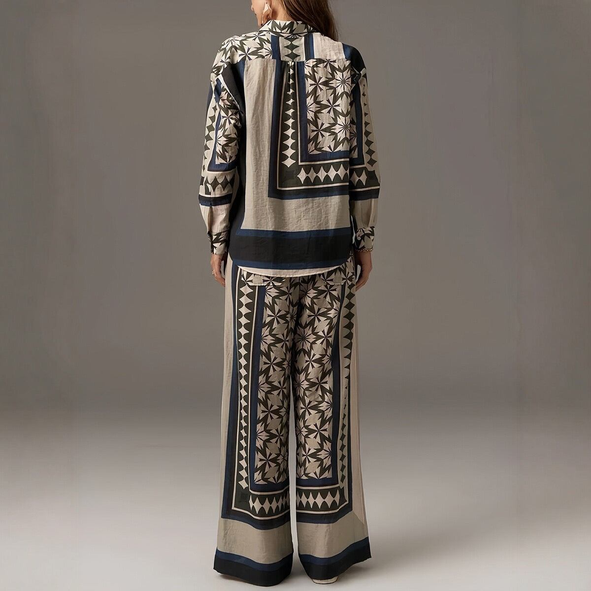 Geometric Print Relaxed Shirt & Wide-Leg Pants Two-Piece Set