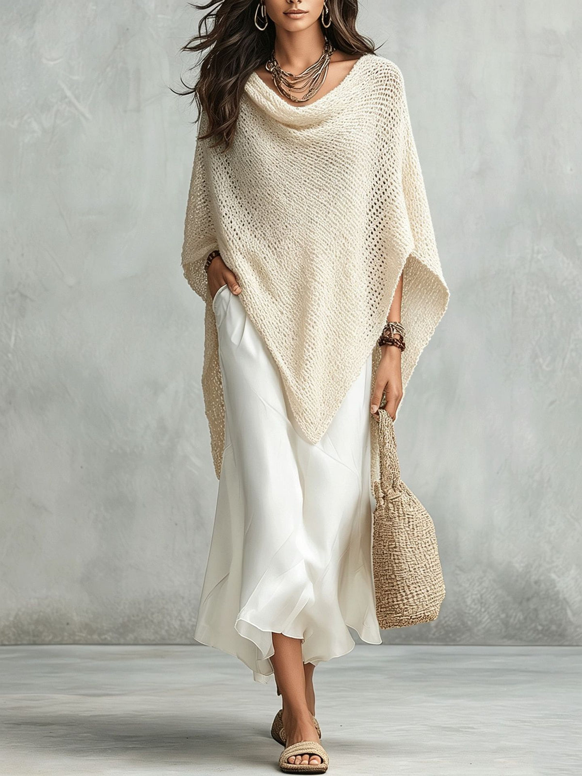 Knitted Shawl Loose Blouse Women's Autumn Holiday Solid Color Bat Sleeve Top With White Dress Set