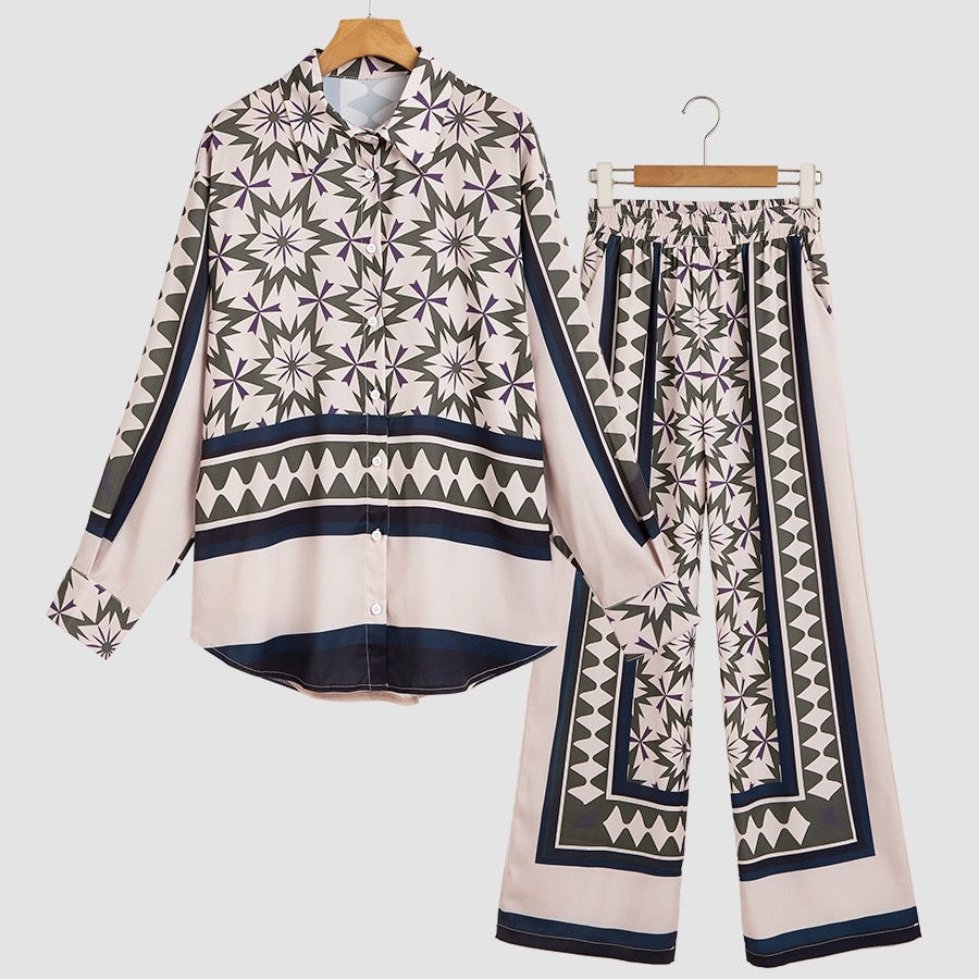 Geometric Print Relaxed Shirt & Wide-Leg Pants Two-Piece Set