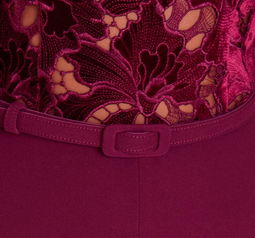 Burgundy Lace Mock Neck Long Sleeve Belted Flared Leg Jumpsuit