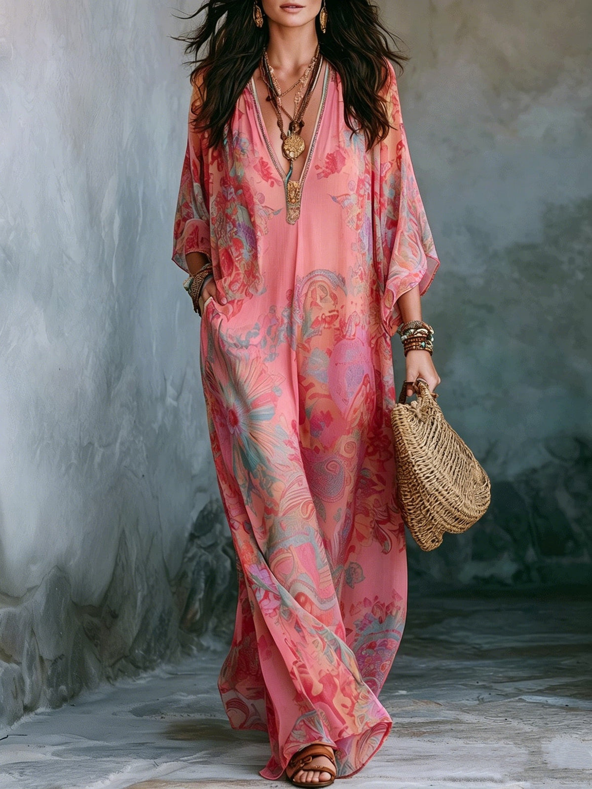 Bohemian Floral Print Chiffon Maxi Dress With Batwing Sleeves