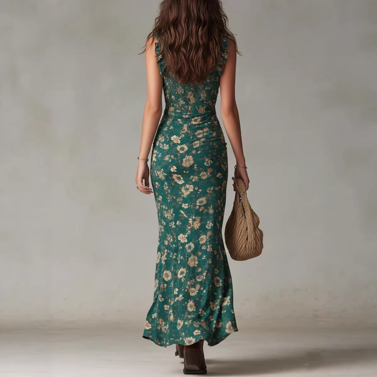 Bohemian Floral Ruffled Spaghetti Dress With High Splits