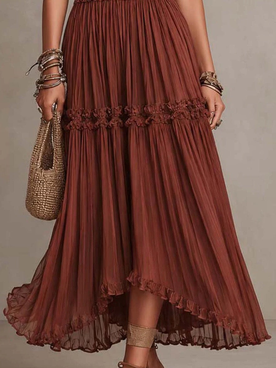 Boho Rust Red Halter Neck Ruffle Trim Tiered Maxi Dress