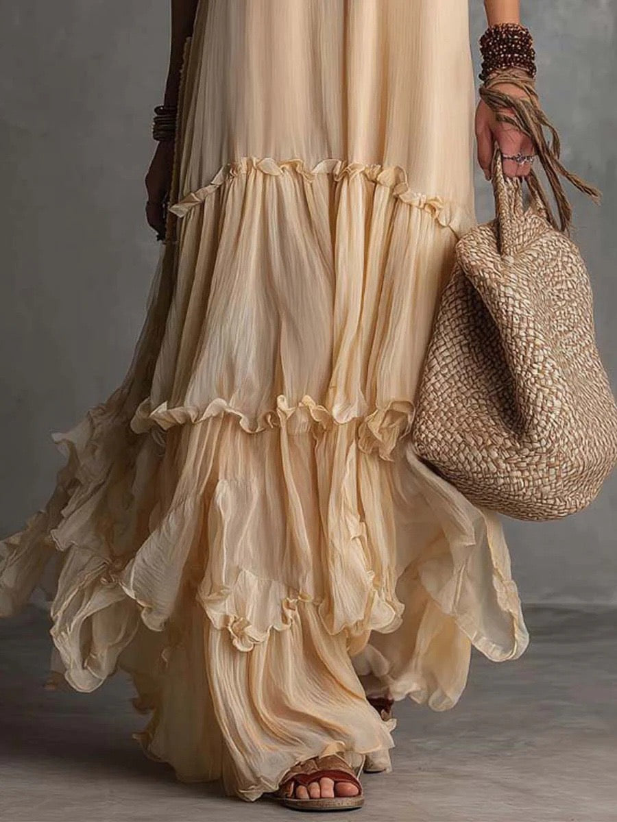 Bohemian Sleeveless Crewneck Backless Collar Layered Ruffled Chiffon Dress