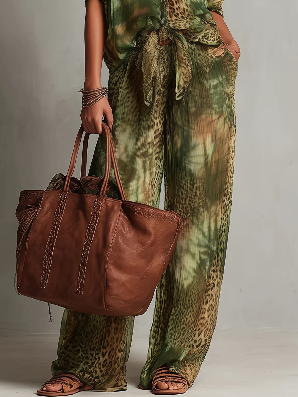 Bohemian Print V-Neck Top & Wide Leg Pants Two-Piece Set