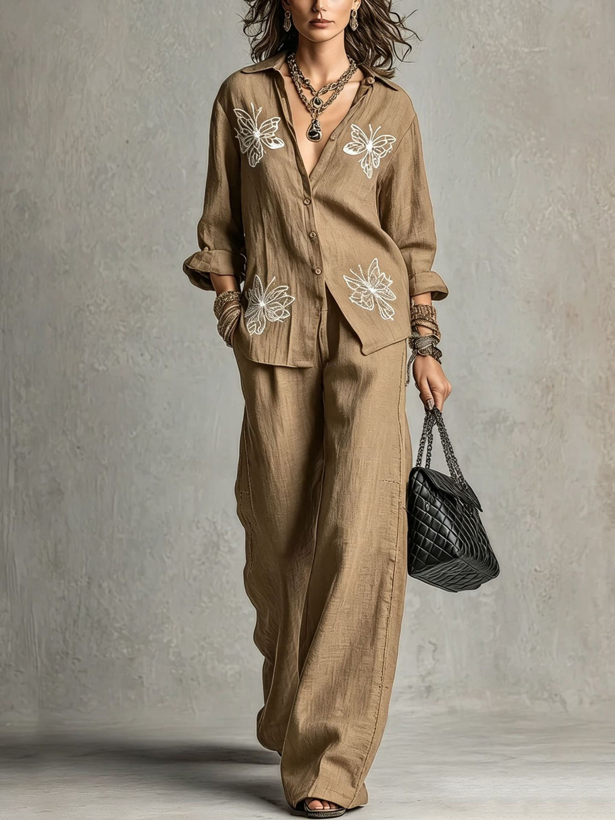 Vintage Butterfly Embroidered Linen Shirt & Wide-Leg Pants Two-Piece Set