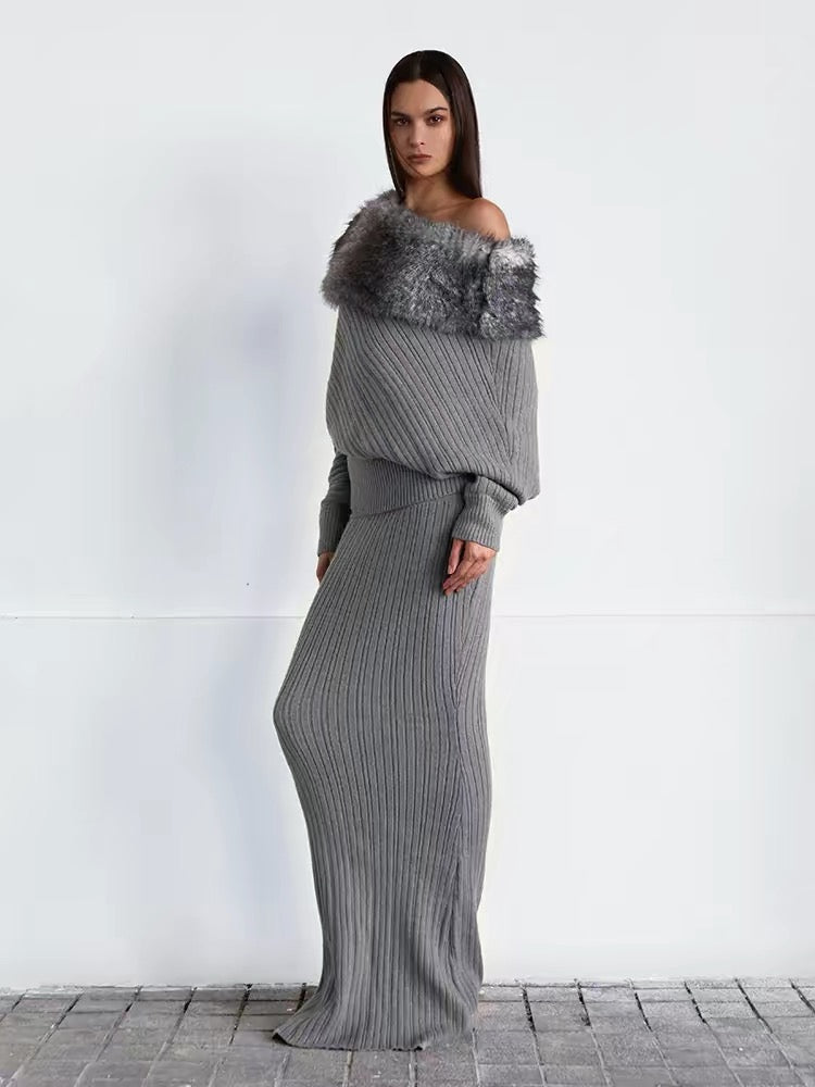 Gray Off-Shoulder Faux Fur Trim Knit Sweater & Mermaid Skirt Set