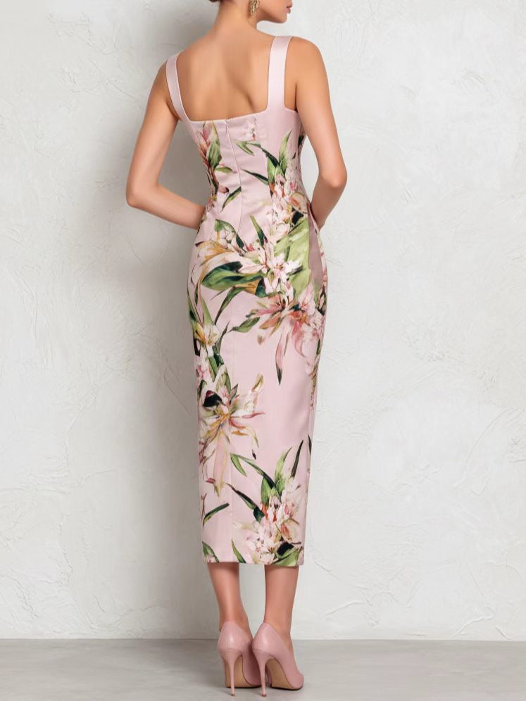 Elegant Square Neck Sleeveless Floral Print Bodycon Midi Dress