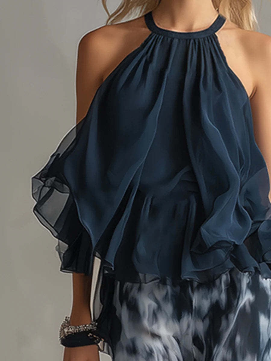 Navy Halter Neck Ruffle Top & Tie-Dye Print Wide-Leg Pants Set