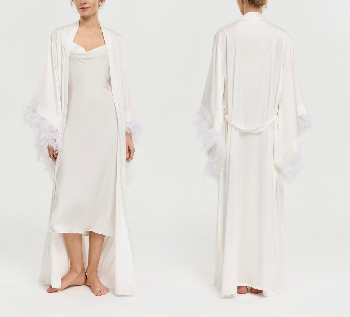 Luxury Satin Feather Sleeve Long Nightgown And Slip Skirt Set
