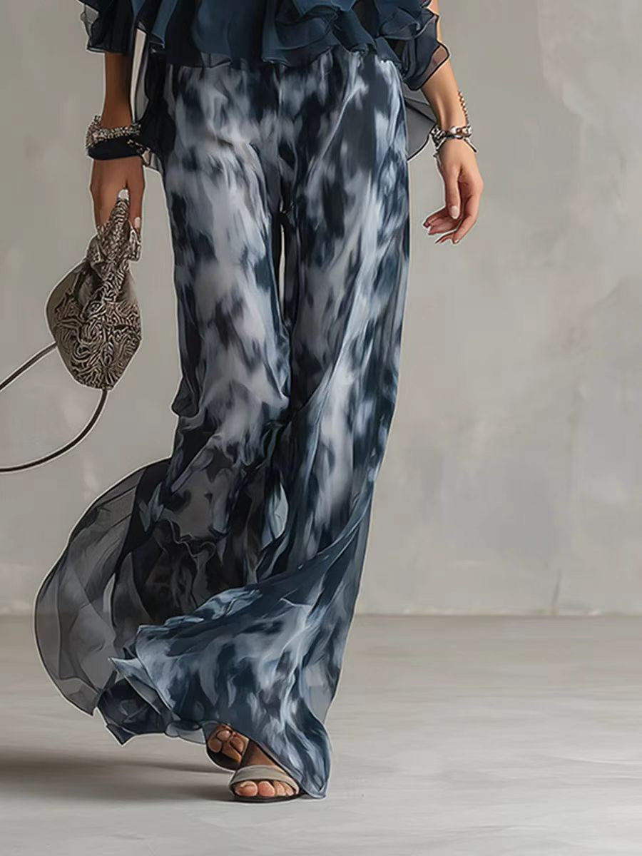 Navy Halter Neck Ruffle Top & Tie-Dye Print Wide-Leg Pants Set