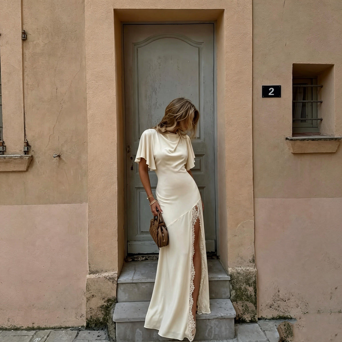 Cream Satin Ruffle Sleeve High Slit Lace Trim Maxi Dress
