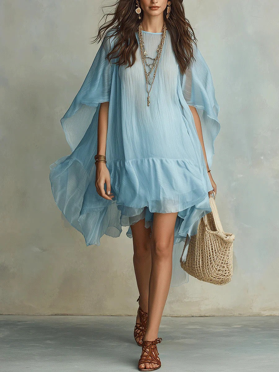 Sky Blue Pleated Chiffon Cape Sleeve Ruffle Mini Dress
