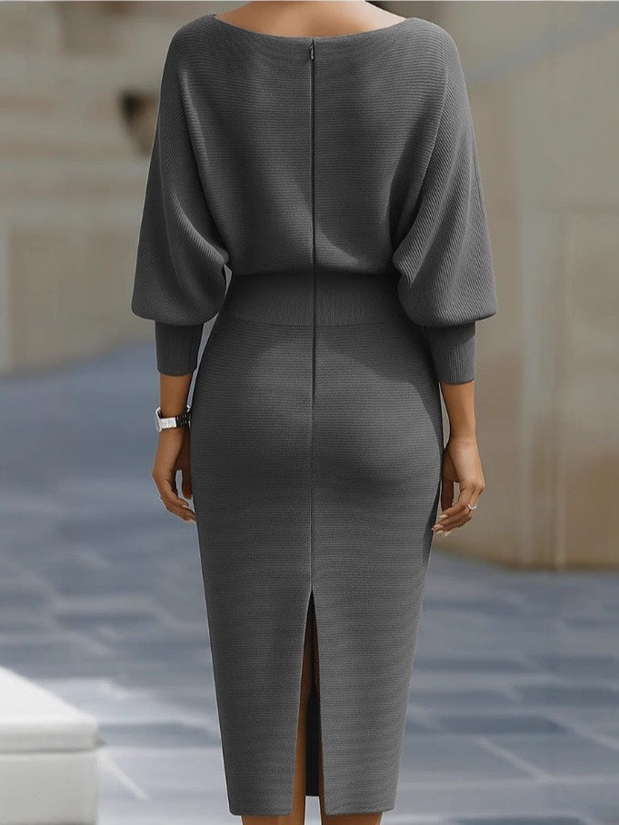 Elegant Cowl Neck Batwing Sleeve Ribbed Knit Midi Dress