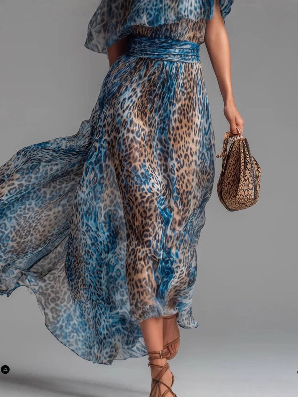 Blue Leopard Print One-Shoulder Chiffon Maxi Dress With Ruffle Overlay & Waist Tie – Boho Chic Summer Resort Gown
