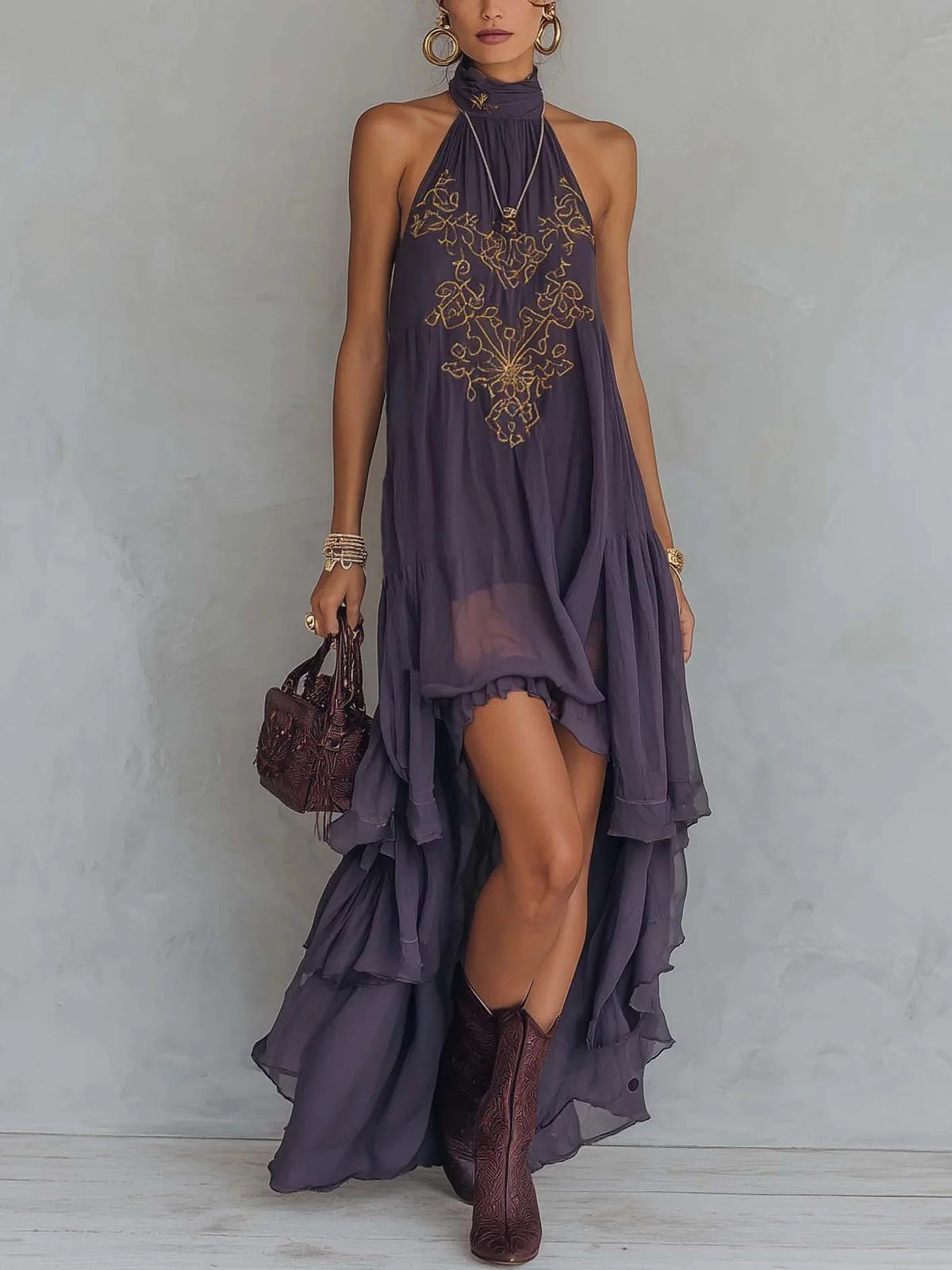 Bohemian High Neck Sleeveless Embroidered Asymmetrical Ruffle Maxi Dress