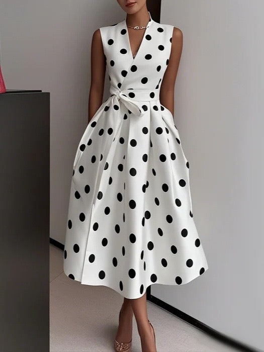 Vintage Polka Dot Sleeveless V-Neck Swing Dress With Tie Waist
