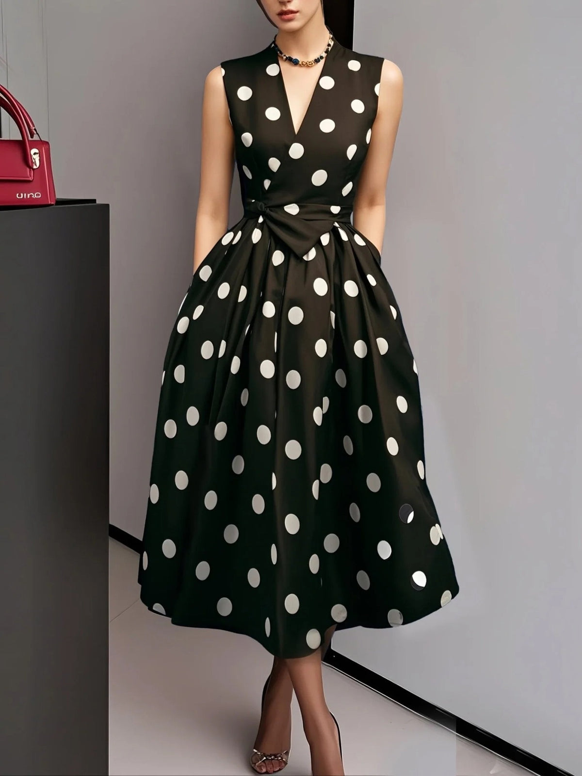 Vintage Polka Dot Sleeveless V-Neck Swing Dress With Tie Waist