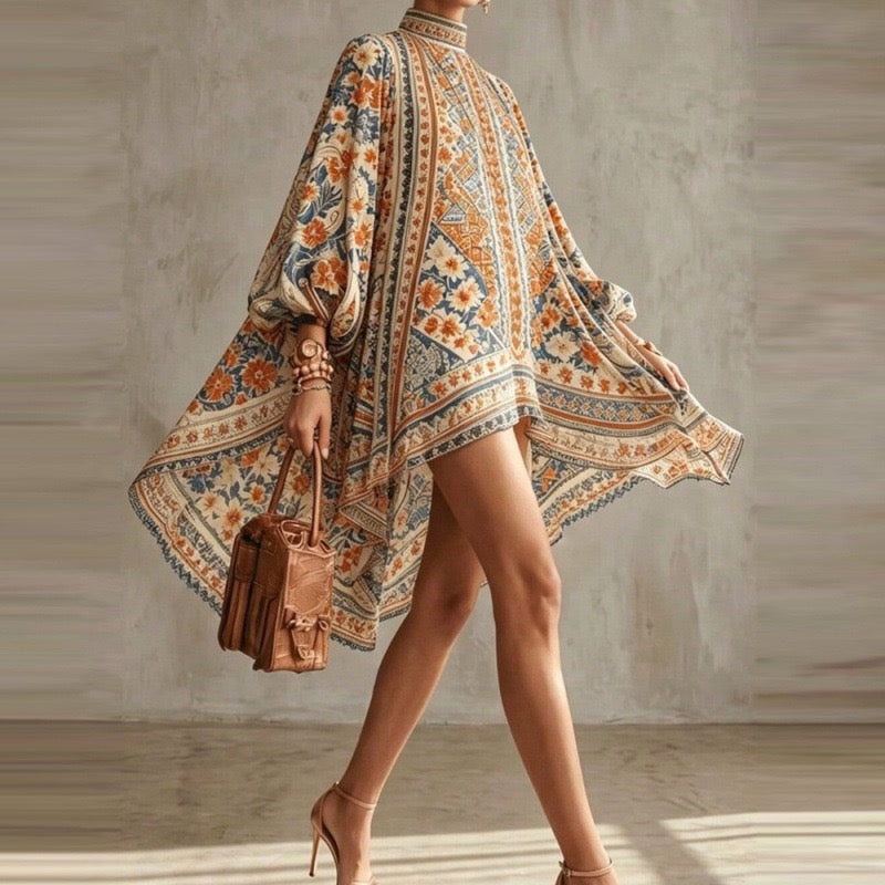 Bohemian Retro Print High-Neck Poncho Dress With Bell Sleeves & Asymmetrical Hem