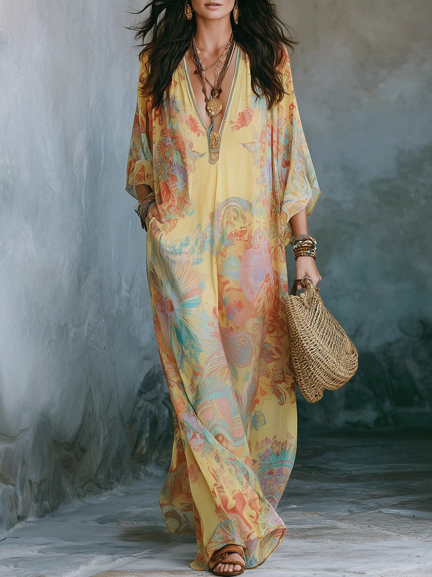 Bohemian Floral Print Chiffon Maxi Dress With Batwing Sleeves