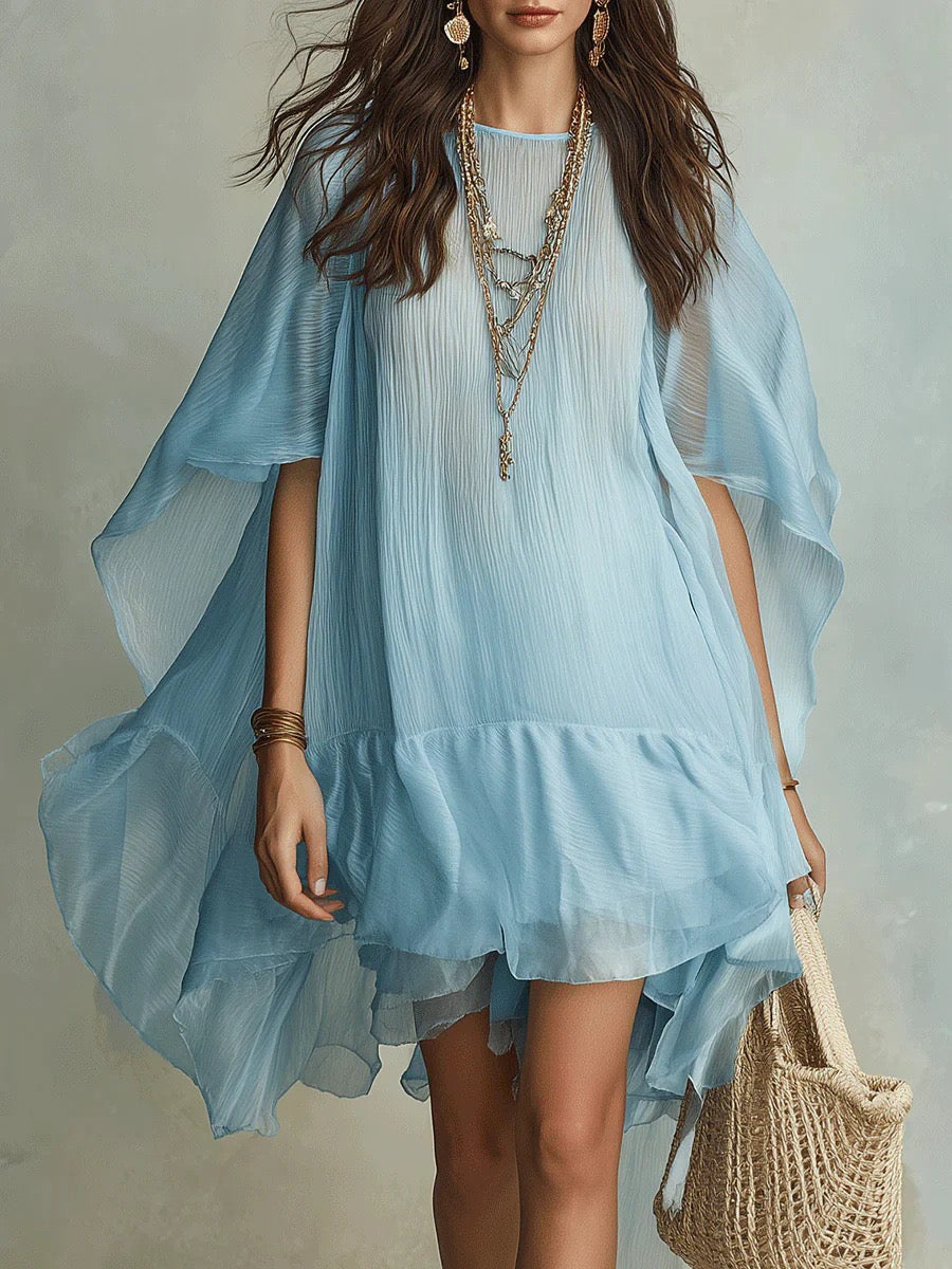 Sky Blue Pleated Chiffon Cape Sleeve Ruffle Mini Dress