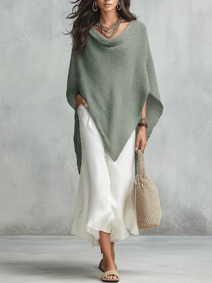 Knitted Shawl Loose Blouse Women's Autumn Holiday Solid Color Bat Sleeve Top With White Dress Set