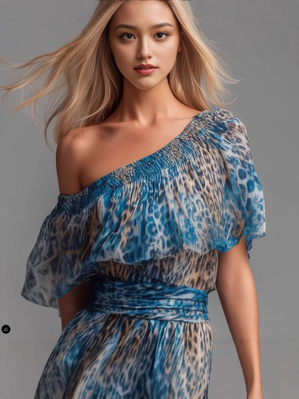 Blue Leopard Print One-Shoulder Chiffon Maxi Dress With Ruffle Overlay & Waist Tie – Boho Chic Summer Resort Gown