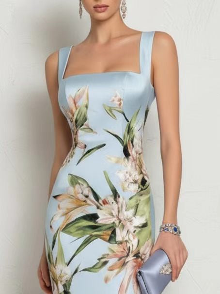 Elegant Square Neck Sleeveless Floral Print Bodycon Midi Dress