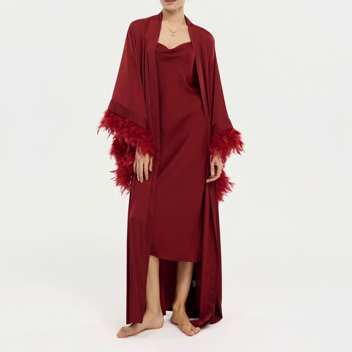 Luxury Satin Feather Sleeve Long Nightgown And Slip Skirt Set