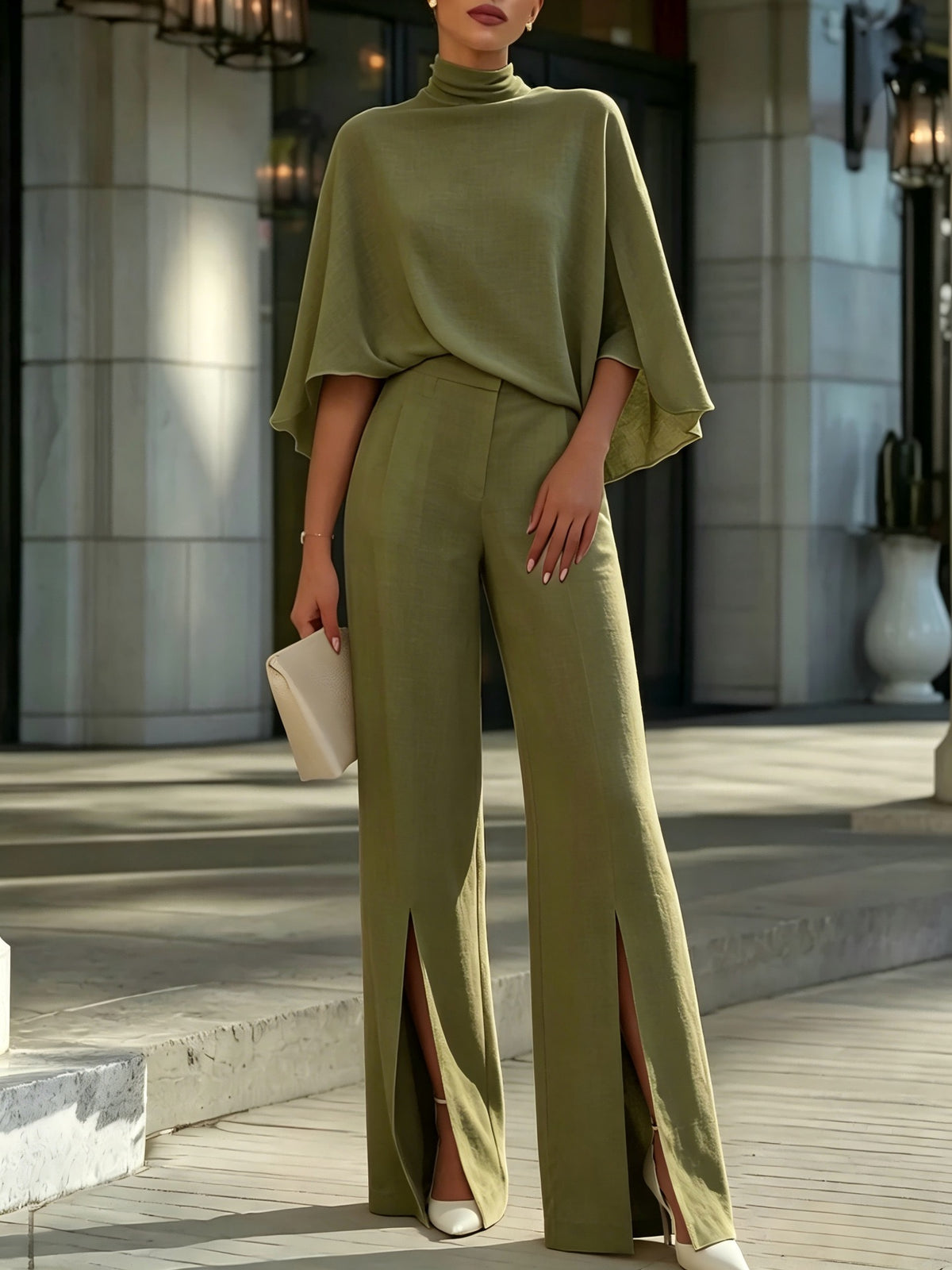 Elegant High Neck Batwing Sleeve Top & Front Slit Wide Leg Pants Set