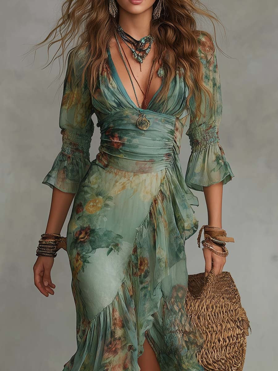 Bohemian Floral Print V-Neck Ruched Waist Asymmetric Maxi Dress
