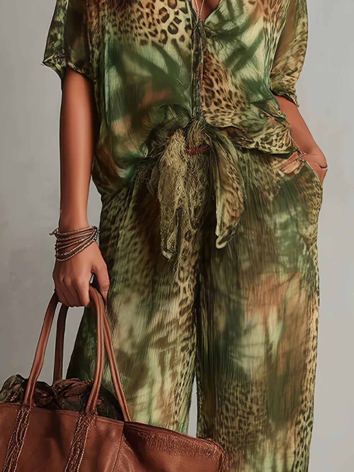 Bohemian Print V-Neck Top & Wide Leg Pants Two-Piece Set
