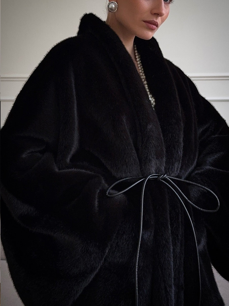 Faux Mink Fur Wrap Belted Coat