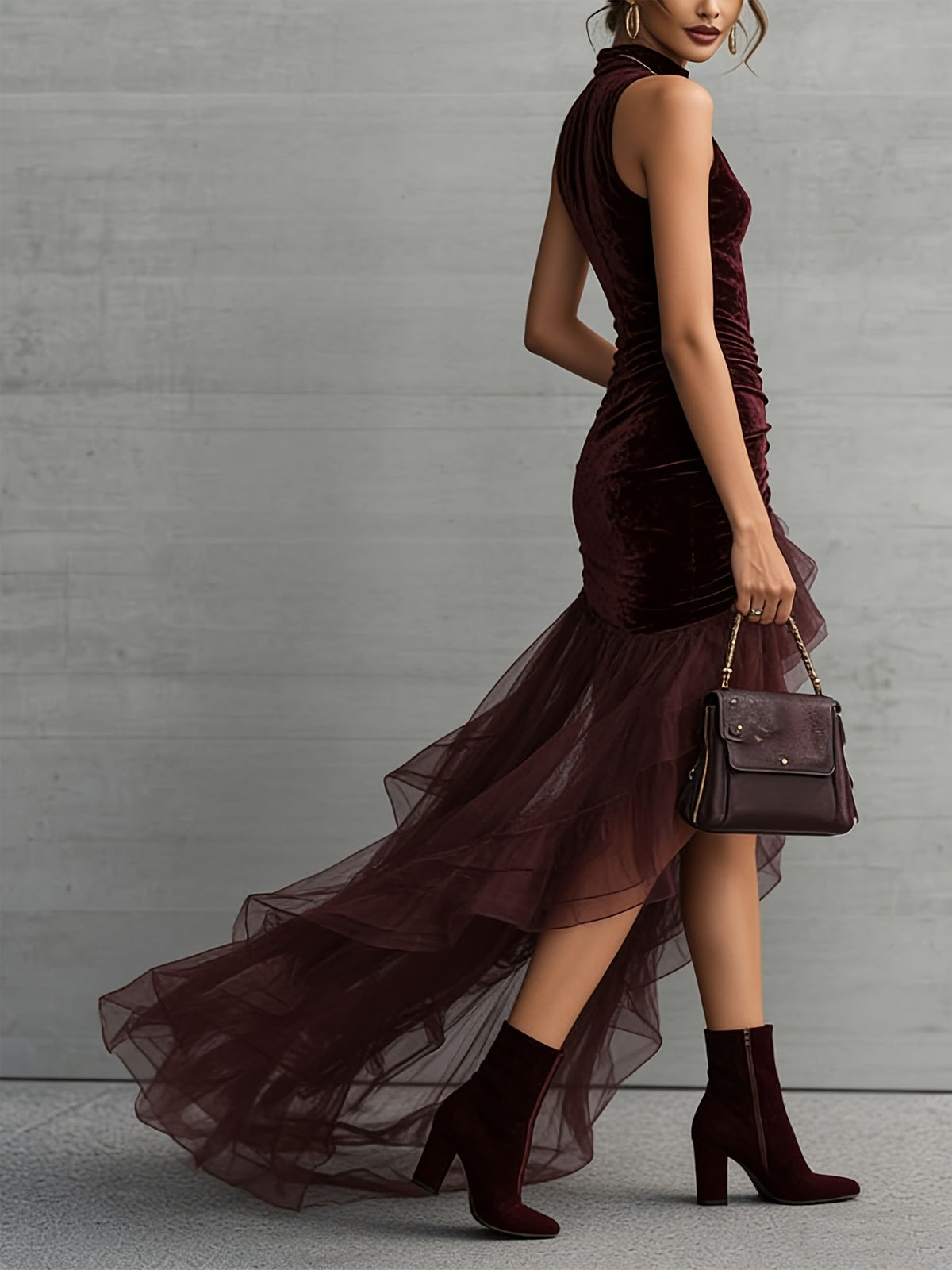Elegant Burgundy Velvet High-Neck Sleeveless Gown With Ruched Bodice & Tulle High-Low Train