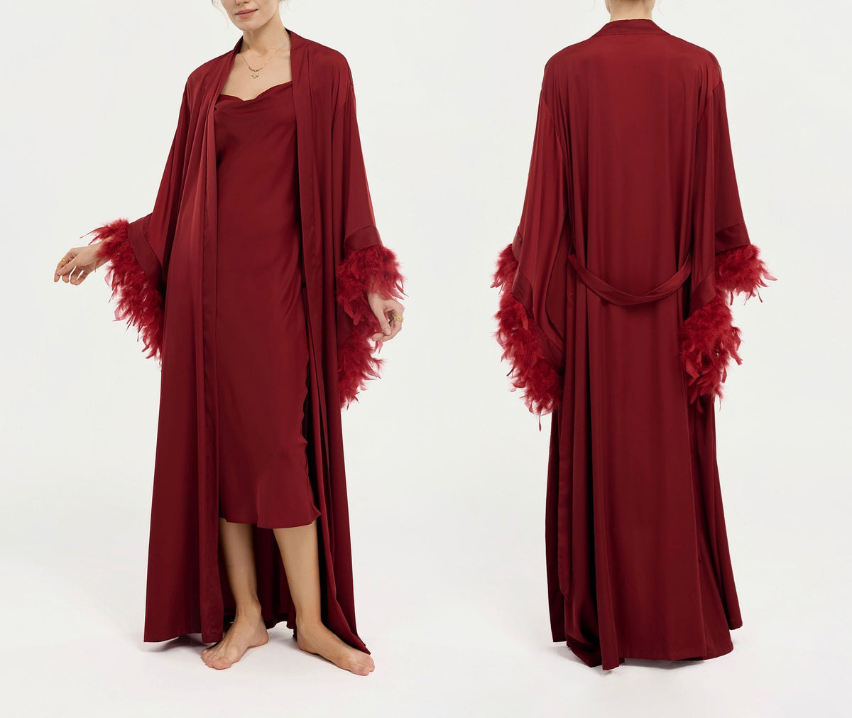 Luxury Satin Feather Sleeve Long Nightgown And Slip Skirt Set
