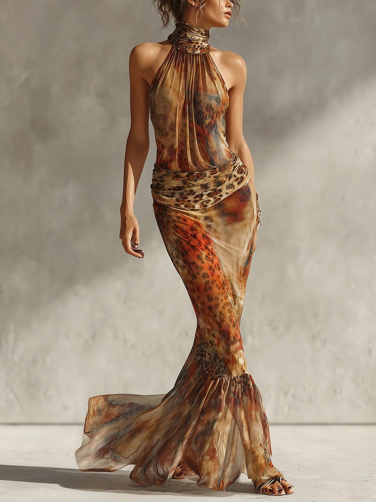 Vintage Leopard Print Halter Neck Mermaid Maxi Dress With Ruched Waist