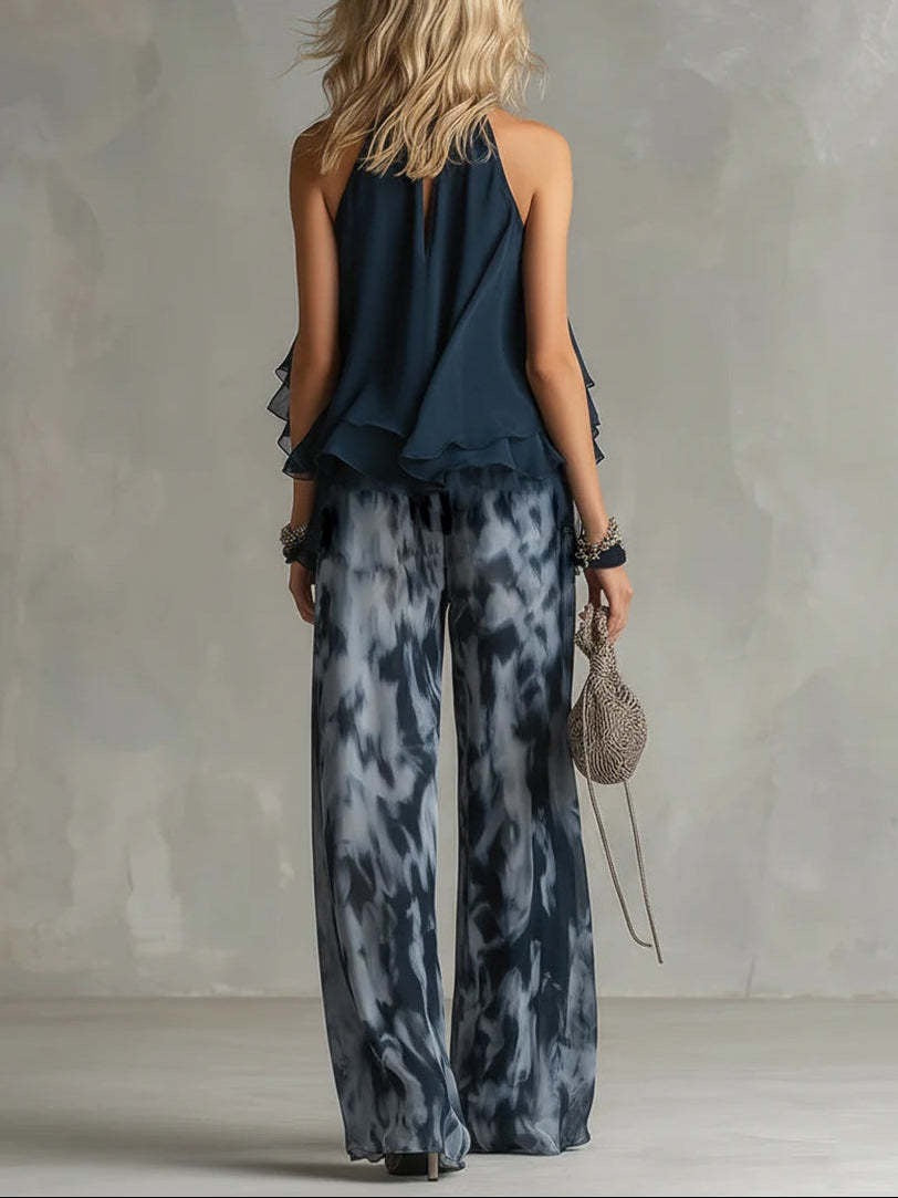 Navy Halter Neck Ruffle Top & Tie-Dye Print Wide-Leg Pants Set