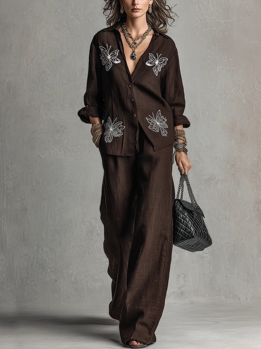 Vintage Butterfly Embroidered Linen Shirt & Wide-Leg Pants Two-Piece Set