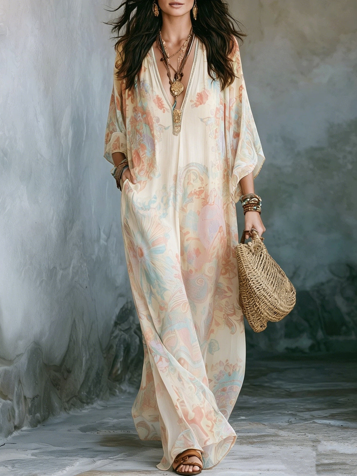 Bohemian Floral Print Chiffon Maxi Dress With Batwing Sleeves
