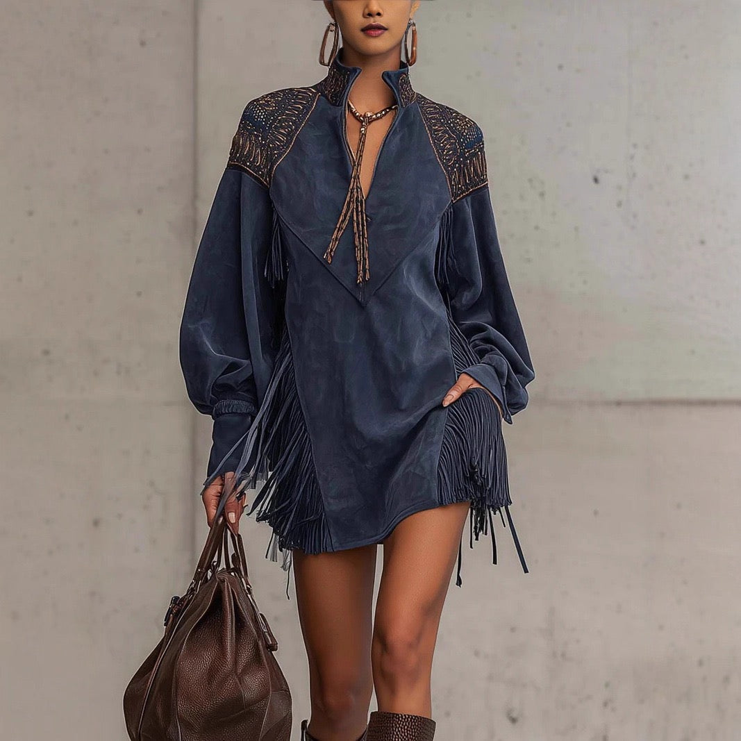 Bohemian Fringe Embroidered Long Sleeve V-Neck Mini Dress
