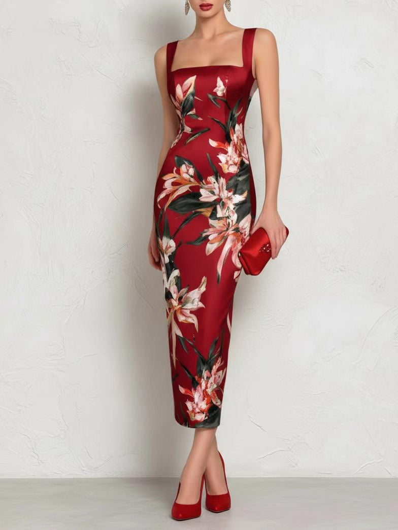 Elegant Square Neck Sleeveless Floral Print Bodycon Midi Dress