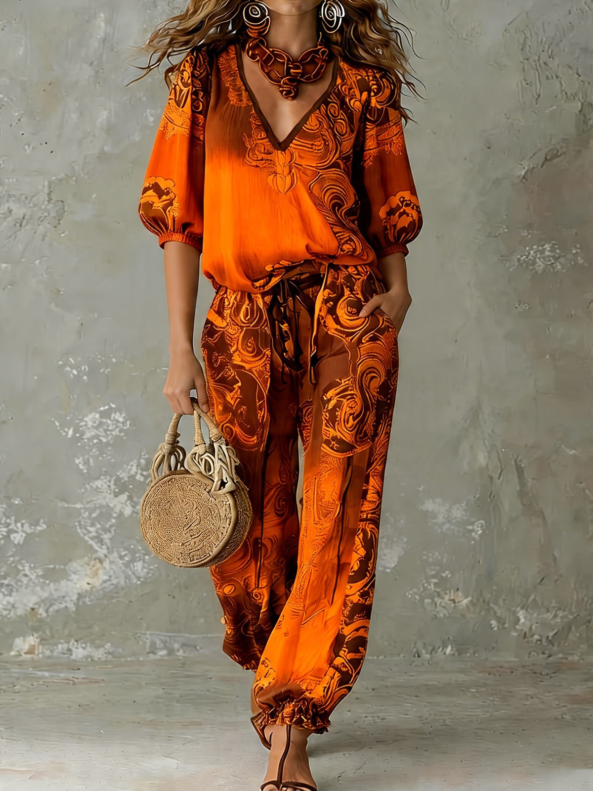 Bohemian Print V-Neck Top & Wide Leg Pants Two-Piece Set