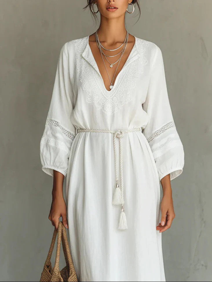 Boho White Cotton Linen Maxi Dress With Embroidery & Tassel Belt