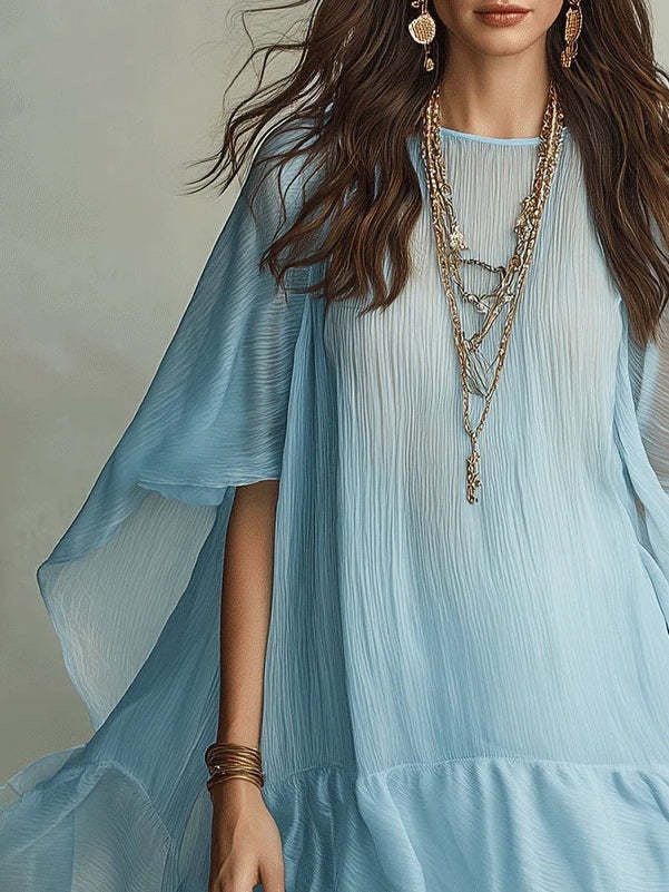 Sky Blue Pleated Chiffon Cape Sleeve Ruffle Mini Dress