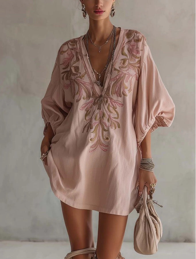 Bohemian Deep V-Neck Puff Sleeve Embroidered Mini Dress With Side Pockets